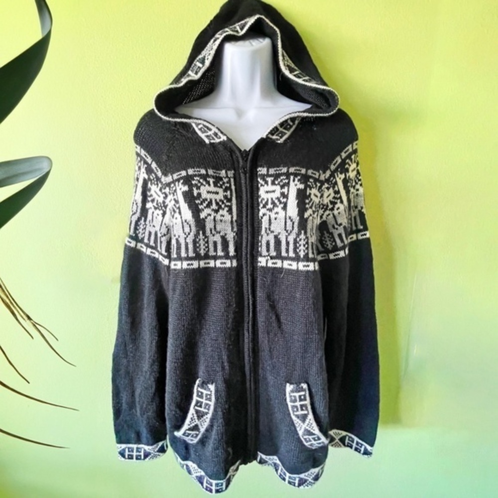 Vintage Hooded 100% Alpaca Wool Zip-Up Sweater from Peru